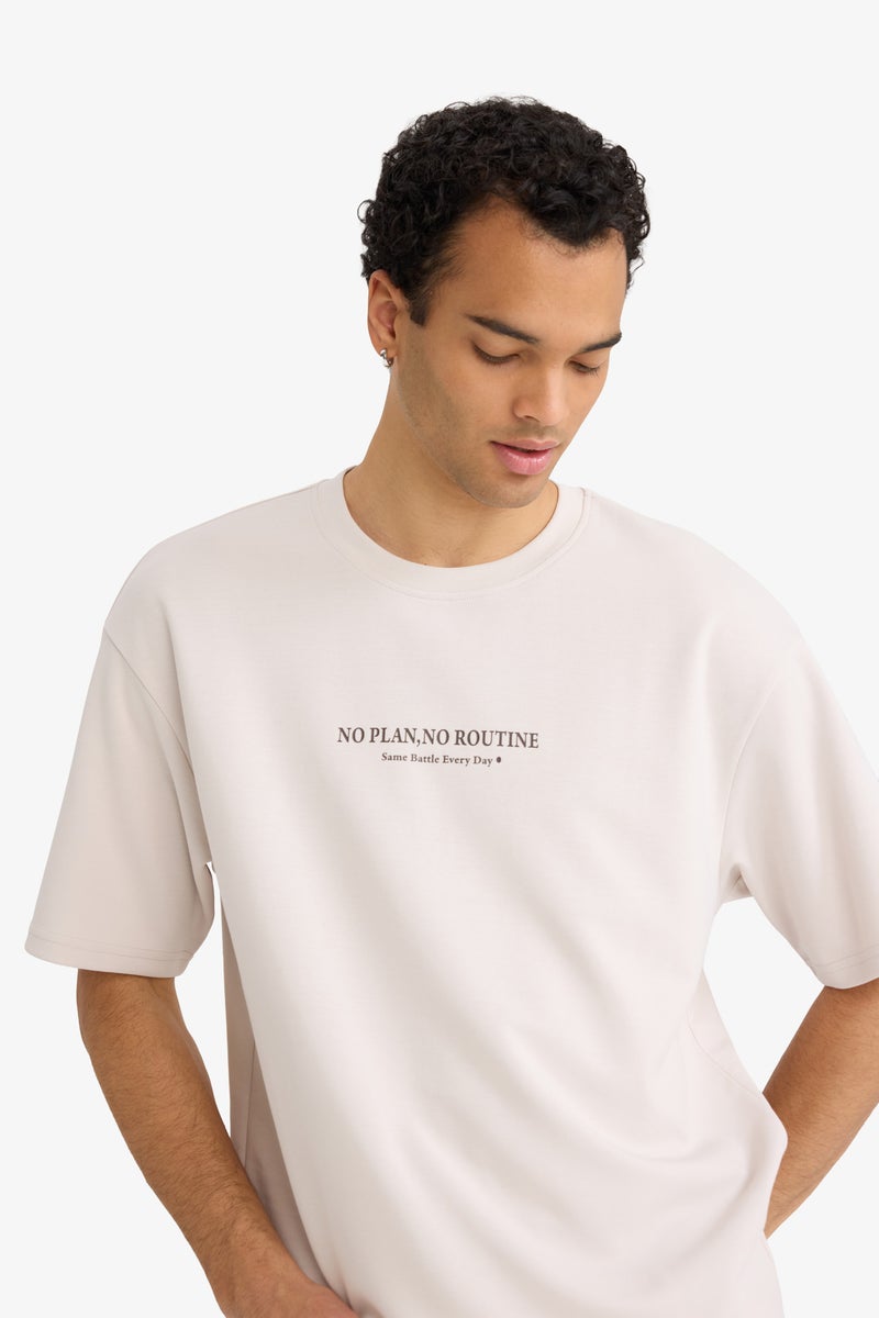 DeFacto Beige Man Boxy Fit Crew Neck Short Sleeve Printed T-Shirt Casual - Image 3